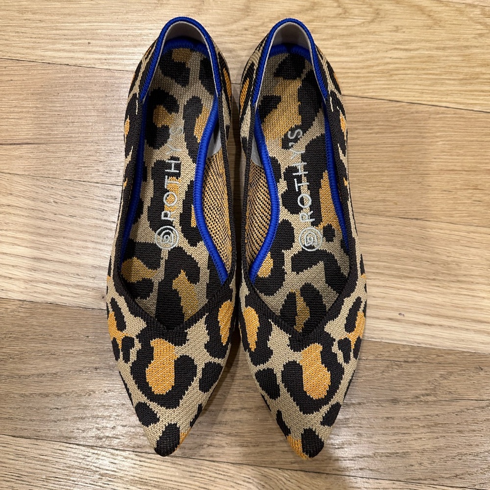 Rothy's Leopard Print Pointed Toe Flats in Tan, Black & Gold